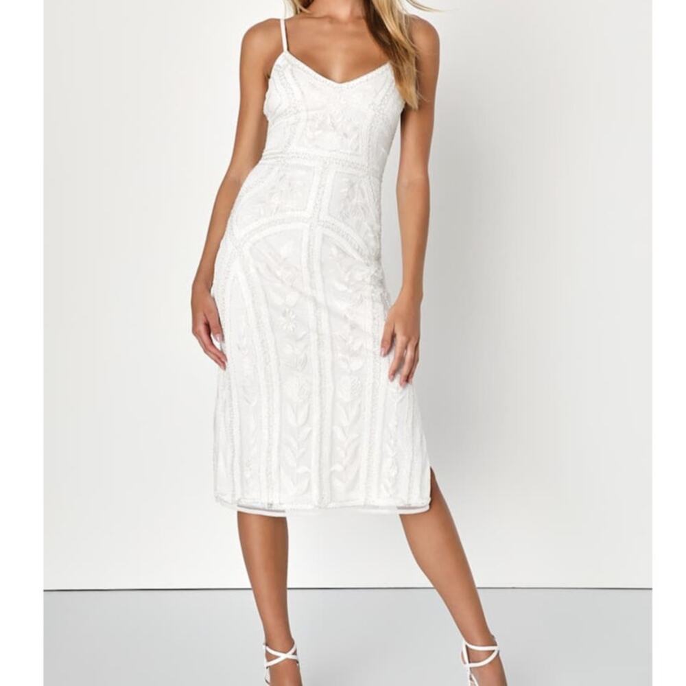 NEW Lulus Alluring Interest White Sequin Embroidered Sleeveless Midi Dress
